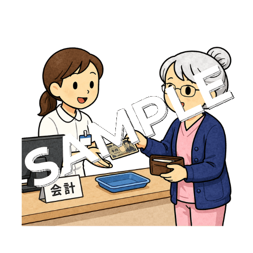 クリニックで会計をするベテラン女性看護師のイラスト