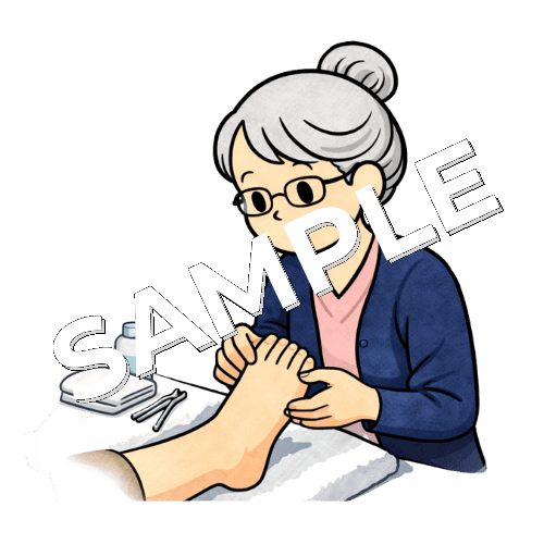 患者のフットケアを行うベテラン女性看護師のイラスト