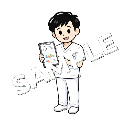 評価用紙を指さす男性言語聴覚士のイラスト