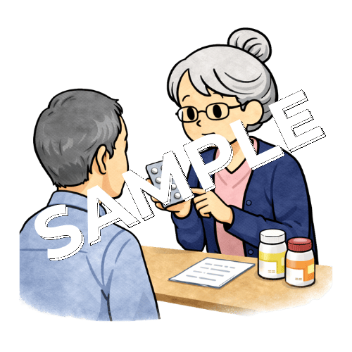 患者に服薬指導をするベテラン女性看護師のイラスト