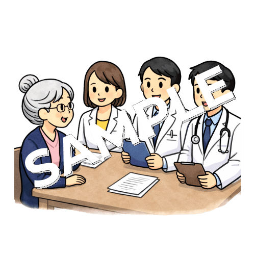 医師・薬剤師・管理栄養士とカンファレンスするベテラン女性看護師のイラスト