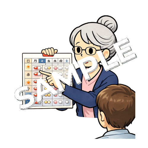患者に服薬カレンダーを説明するベテラン女性看護師のイラスト