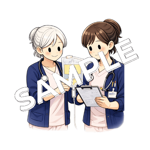 抗がん剤投与をダブルチェックするベテラン女性看護師のイラスト