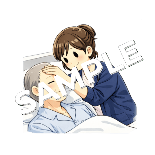 患者の額に手を当てて熱を確認するベテラン女性看護師のイラスト