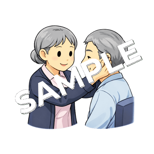 患者の補聴器を装着するベテラン女性看護師のイラスト