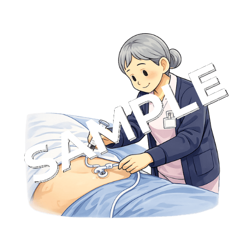 患者の胃ろうケアをするベテラン女性看護師のイラスト