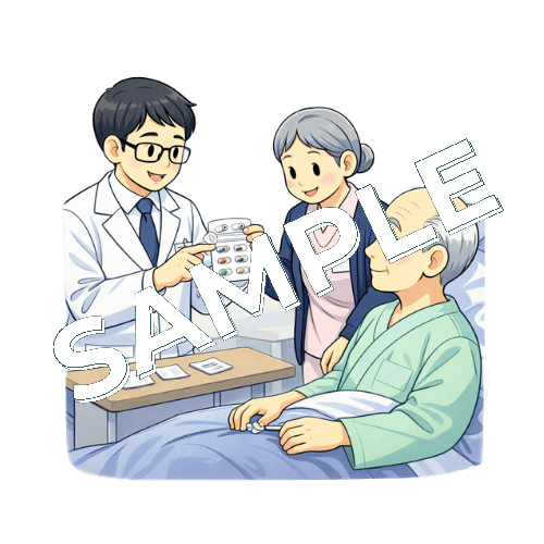 ベッドサイドで服薬指導をする男性薬剤師とベテラン女性看護師のイラスト