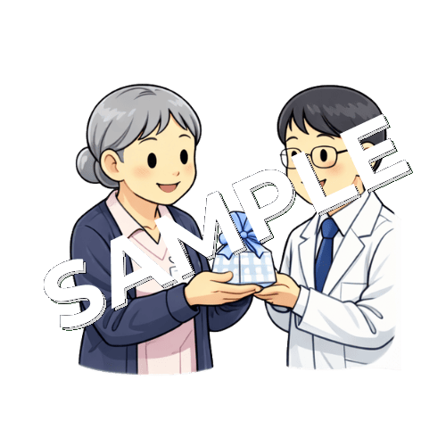 男性薬剤師からホワイトデーのお返しを受け取るベテラン女性看護師のイラスト