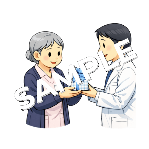 医師からホワイトデーのお返しを受け取るベテラン女性看護師のイラスト