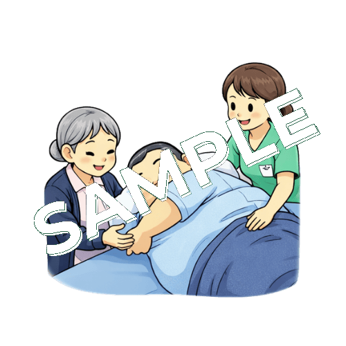 介護士と巨体の患者の体位変換をするベテラン女性看護師のイラスト