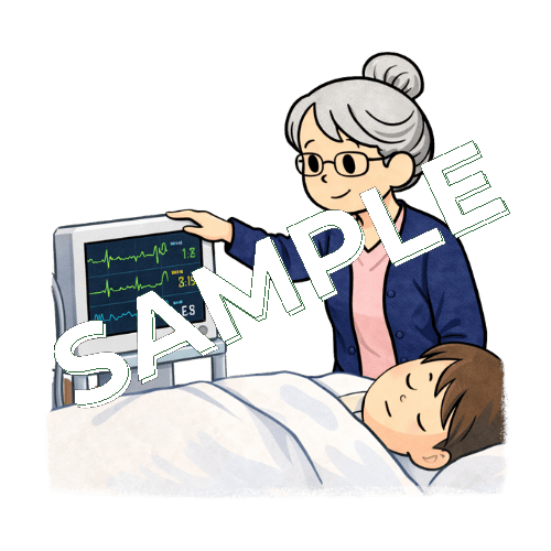 患者にバイタルモニターを装着するベテラン女性看護師のイラスト