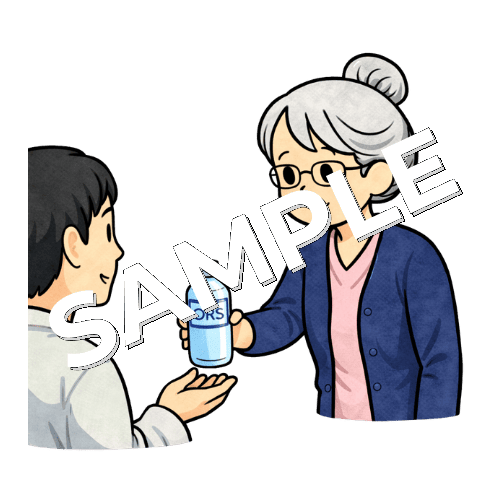 患者に経口補水液を渡すベテラン女性看護師のイラスト