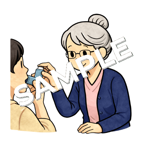患者の吸入薬の手技を確認するベテラン女性看護師のイラスト
