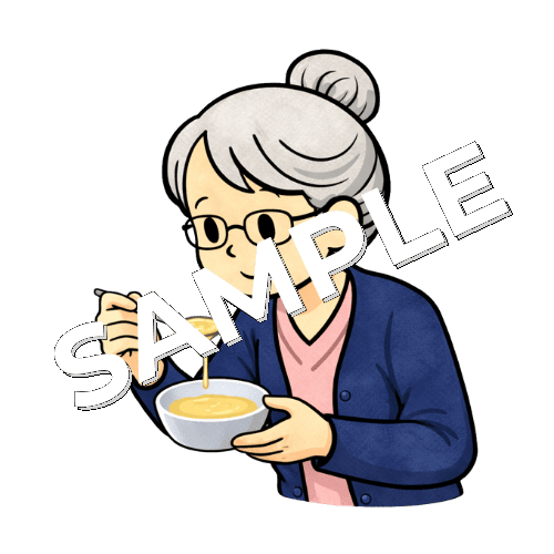 患者の食事のとろみ具合を確認するベテラン女性看護師のイラスト