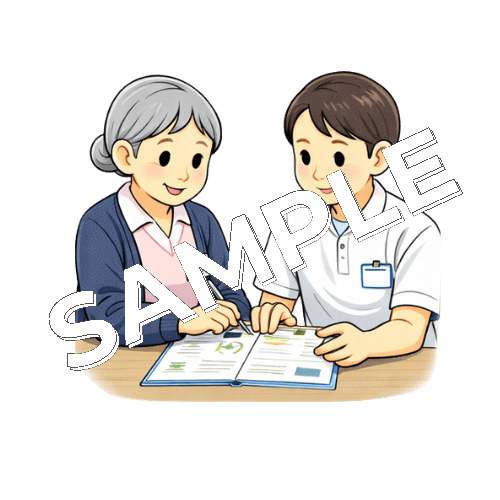 作業療法士とリハビリ計画を立てるベテラン女性看護師のイラスト