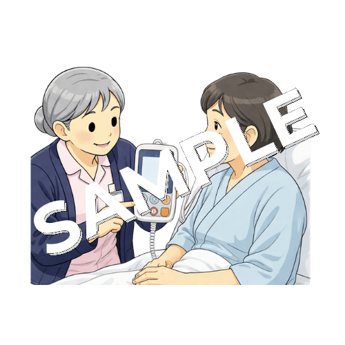PCA（自己調節鎮痛）のボタン説明をするベテラン女性看護師のイラスト