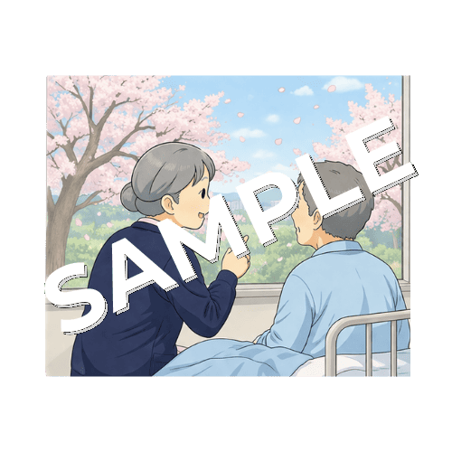 患者と一緒に窓から桜を見るベテラン女性看護師のイラスト