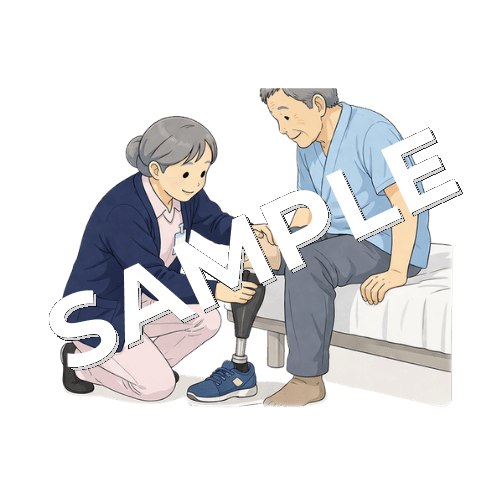 患者の義足の装着を手伝うベテラン女性看護師のイラスト