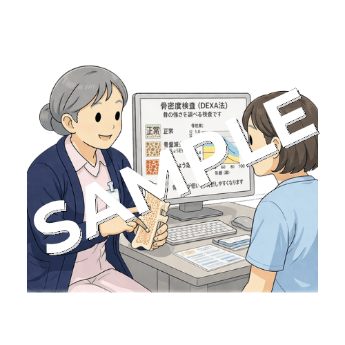 患者に骨密度検査の説明をするベテラン女性看護師のイラスト