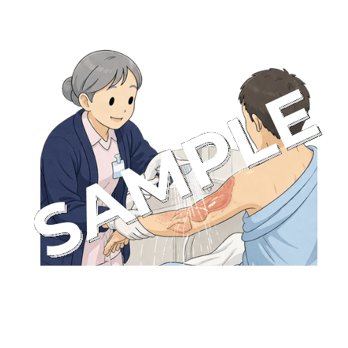 患者の熱傷部位をシャワーで洗浄するベテラン女性看護師のイラスト