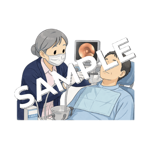 耳鼻科で患者の耳の洗浄を介助するベテラン女性看護師のイラスト