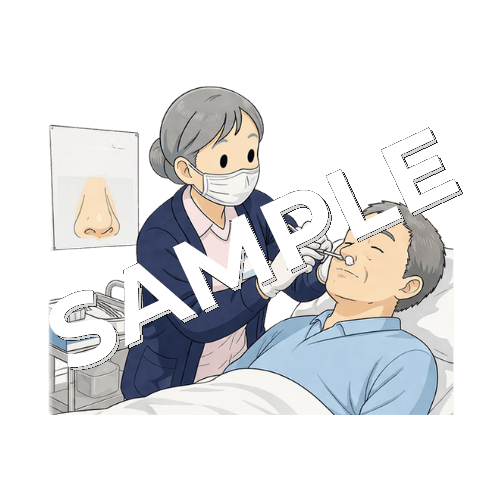 患者の鼻にガーゼパッキングを介助するベテラン女性看護師のイラスト
