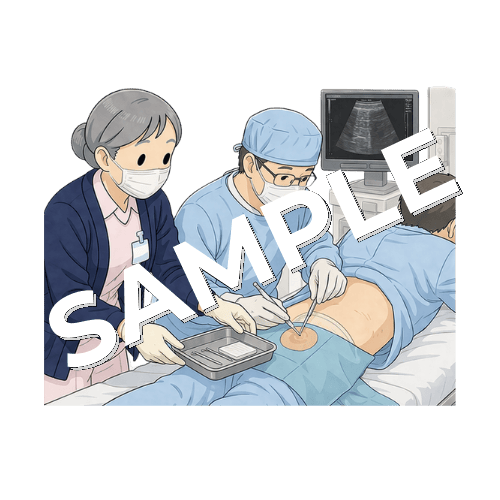 骨髄穿刺の介助をするベテラン女性看護師のイラスト