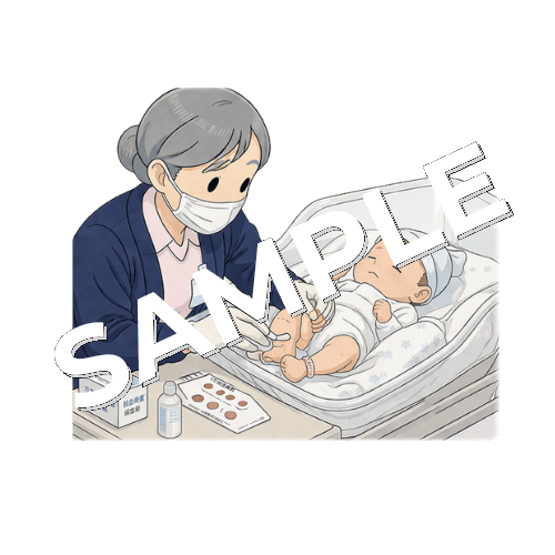 新生児のガスリー検査（先天性代謝異常スクリーニング）をするベテラン女性看護師のイラスト