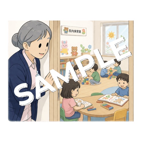 預かり保育中の院内保育室をのぞくベテラン女性看護師のイラスト