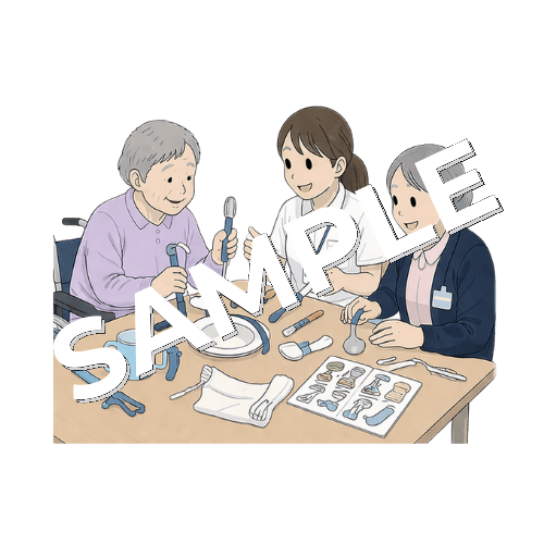 作業療法士と患者の自助具を選ぶベテラン女性看護師のイラスト