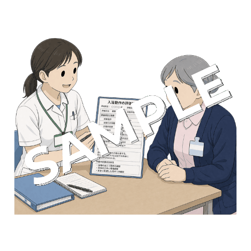 作業療法士から患者の入浴動作の評価結果を聞くベテラン女性看護師のイラスト