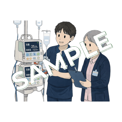 臨床工学技士から輸液ポンプの使い方の説明を受けるベテラン女性看護師のイラスト