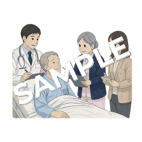 緩和ケアチームで医師・心理士と患者の疼痛評価をするベテラン女性看護師のイラスト