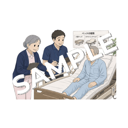 福祉用具専門相談員と患者のベッド選定をするベテラン女性看護師のイラスト