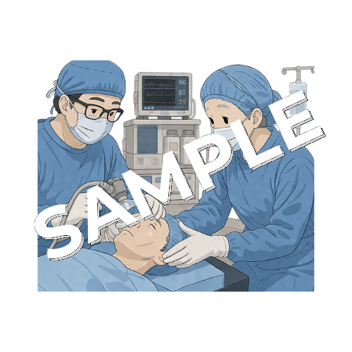 麻酔科医と手術室で患者の麻酔導入を介助するベテラン女性看護師のイラスト