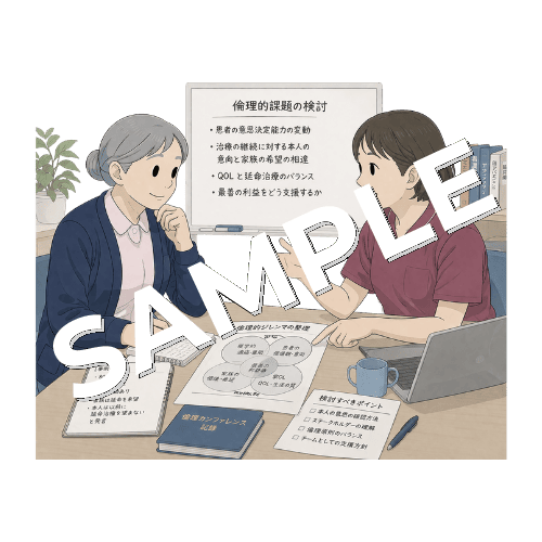 専門看護師と複雑な倫理的問題について相談するベテラン女性看護師のイラスト