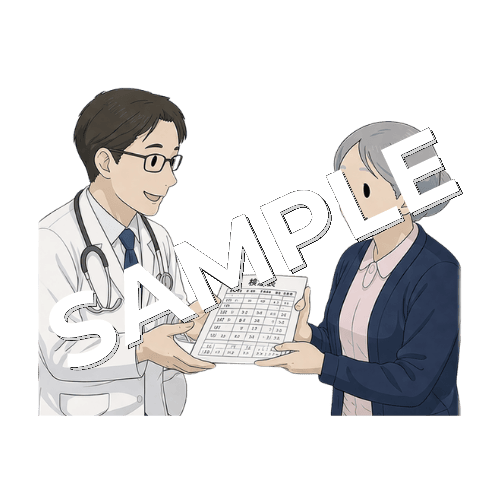 医師に検温表を手渡すベテラン女性看護師のイラスト