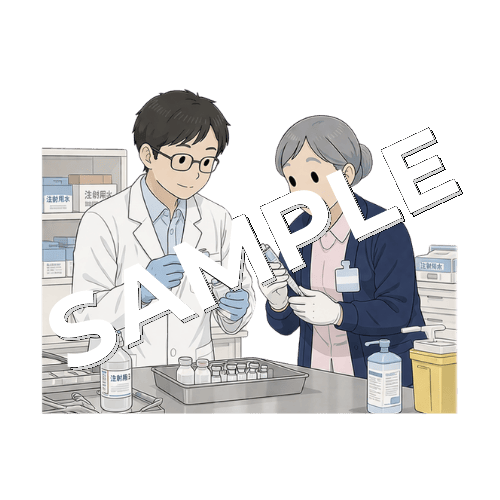 薬剤師と一緒に注射薬を混合するベテラン女性看護師のイラスト