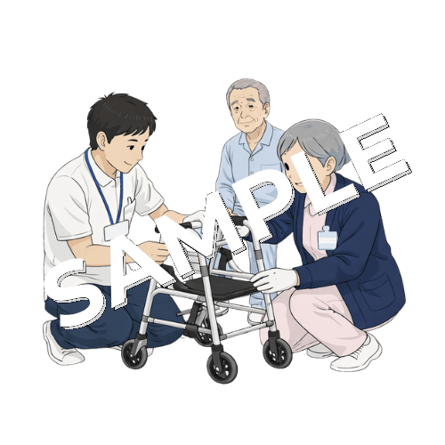 理学療法士と一緒に患者の歩行器を調整するベテラン女性看護師のイラスト