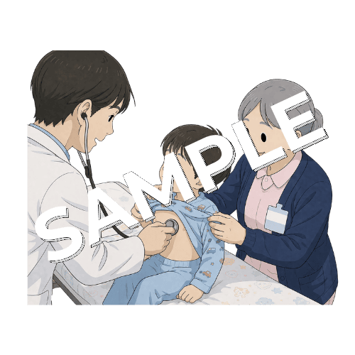 小児患者の聴診時補助をするベテラン女性看護師のイラスト