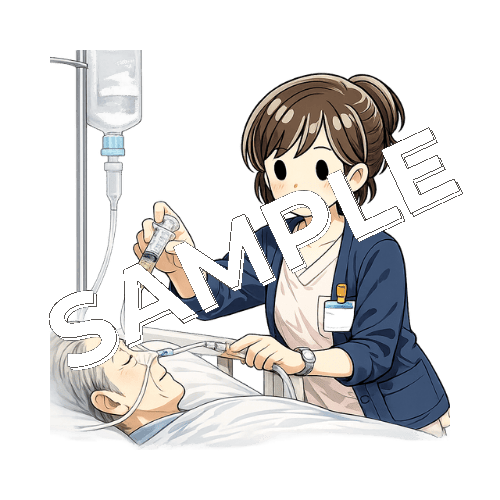 栄養チューブをシリンジで胃内確認するベテラン女性看護師のイラスト