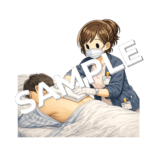 患者の背中にホットタオルを当てるベテラン女性看護師のイラスト