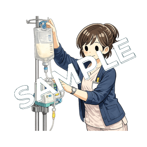 注入ポンプに経管栄養バッグをセットするベテラン女性看護師のイラスト