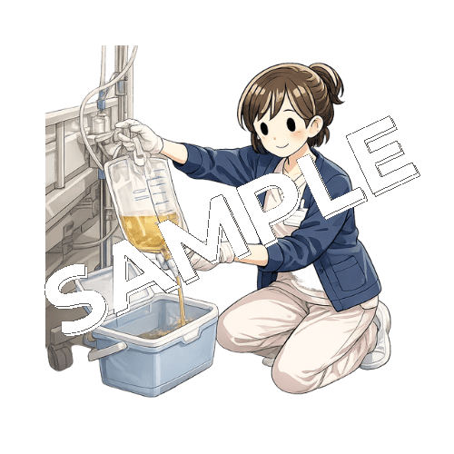 導尿カテーテルのバッグを排液するベテラン女性看護師のイラスト