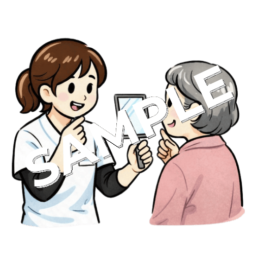 鏡を使って口の動きを指導する女性言語聴覚士のイラスト