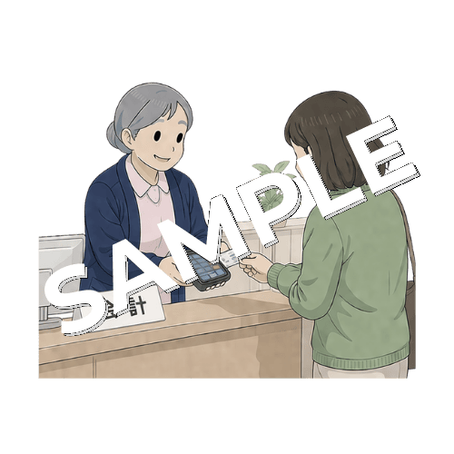 クリニックで会計をするベテラン女性看護師のイラスト