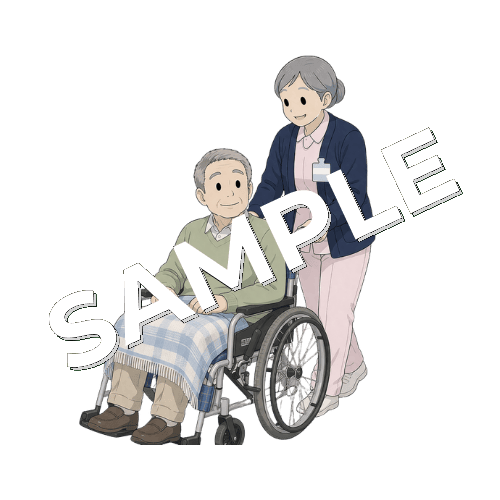 退院する患者の車いすを押して正面玄関へ向かうベテラン女性看護師のイラスト