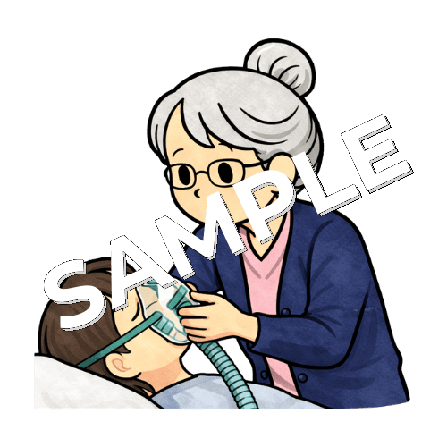 患者に酸素マスクを装着するベテラン女性看護師のイラスト