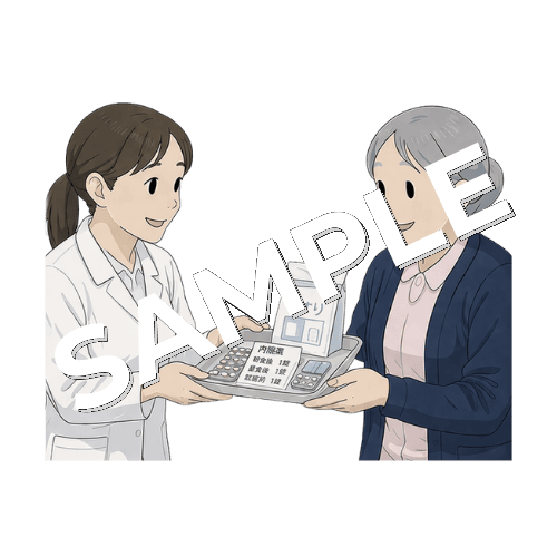薬剤師から薬のトレーを受け取るベテラン女性看護師のイラスト