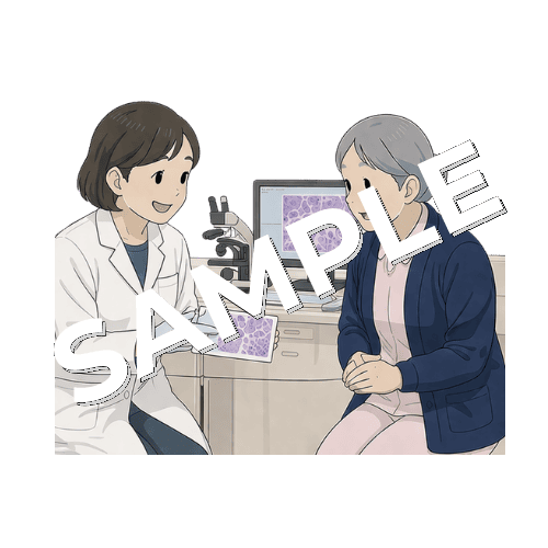 細胞検査士から病理結果を受け取るベテラン女性看護師のイラスト